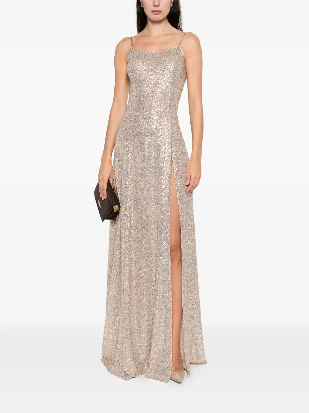 Miau By Clara Rotescu Kaya Sequin-embellished Front-slit Gown In Neutral