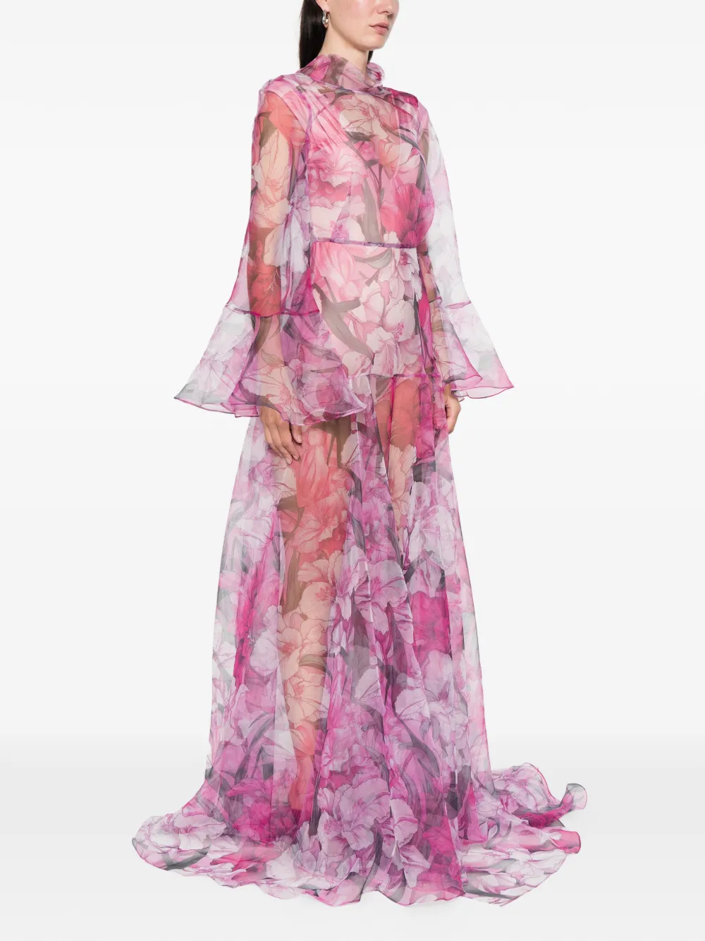 Miau By Clara Rotescu Ruffled Floral Maxi Dress In Pink
