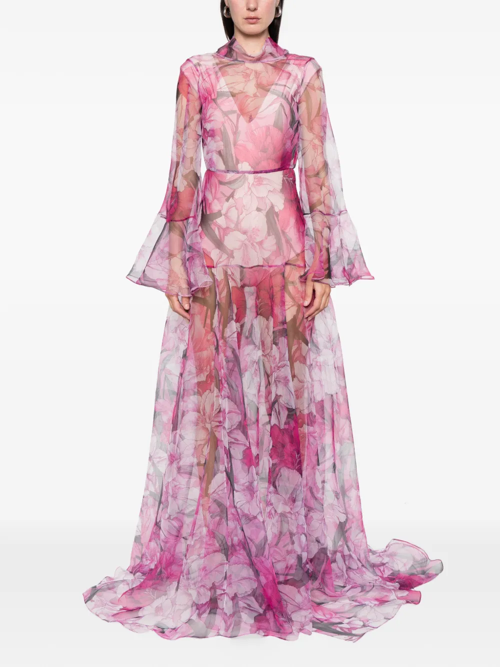 Miau By Clara Rotescu Ruffled Floral Maxi Dress In Pink