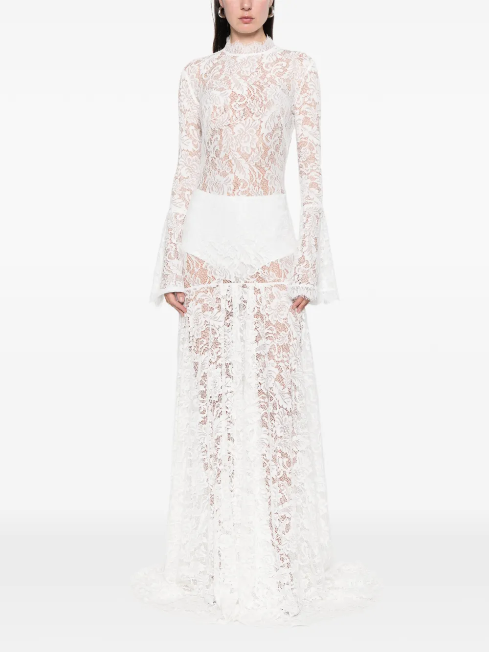 Miau By Clara Rotescu Lace Flared Maxi Dress In White