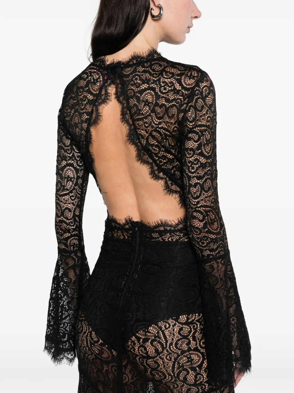 Miau By Clara Rotescu Flared Sleeve Lace Maxi Dress In Black