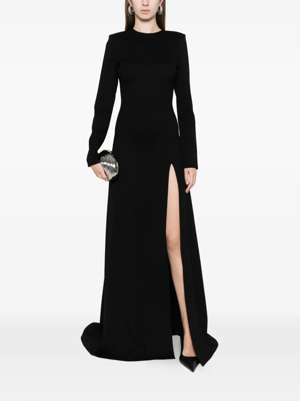 Miau By Clara Rotescu Long-sleeve Slit Maxi Dress In Black