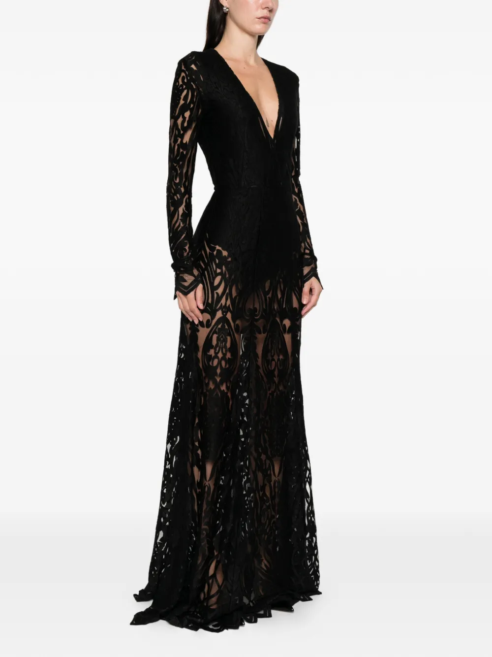 Miau By Clara Rotescu Floral-lace Long-sleeve Gown In Blue
