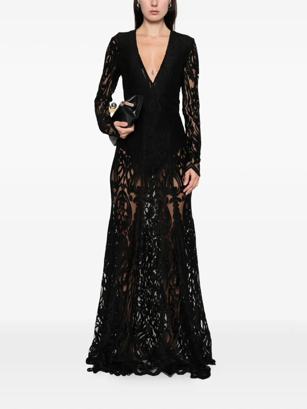Miau By Clara Rotescu Floral-lace Long-sleeve Gown In Blue