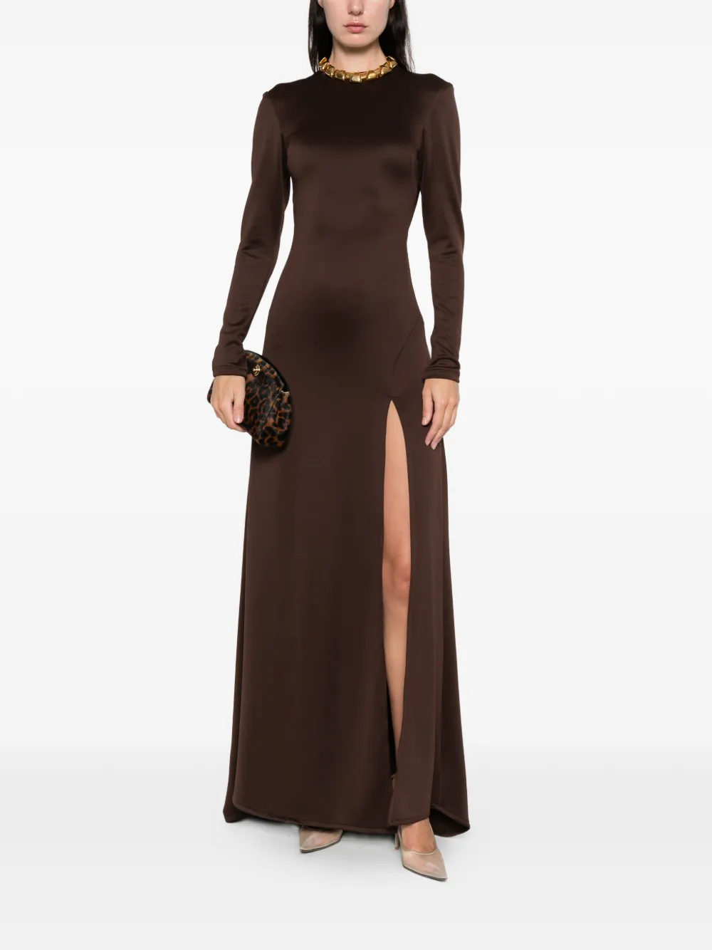 Miau By Clara Rotescu Long-sleeve Front-slit Dress In Brown