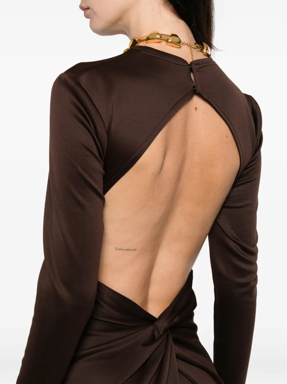 Miau By Clara Rotescu Long-sleeve Front-slit Dress In Brown