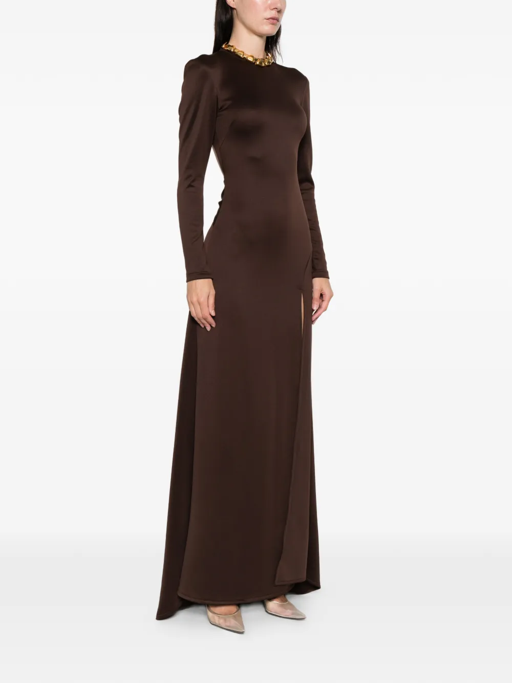 Miau By Clara Rotescu Long-sleeve Front-slit Dress In Brown