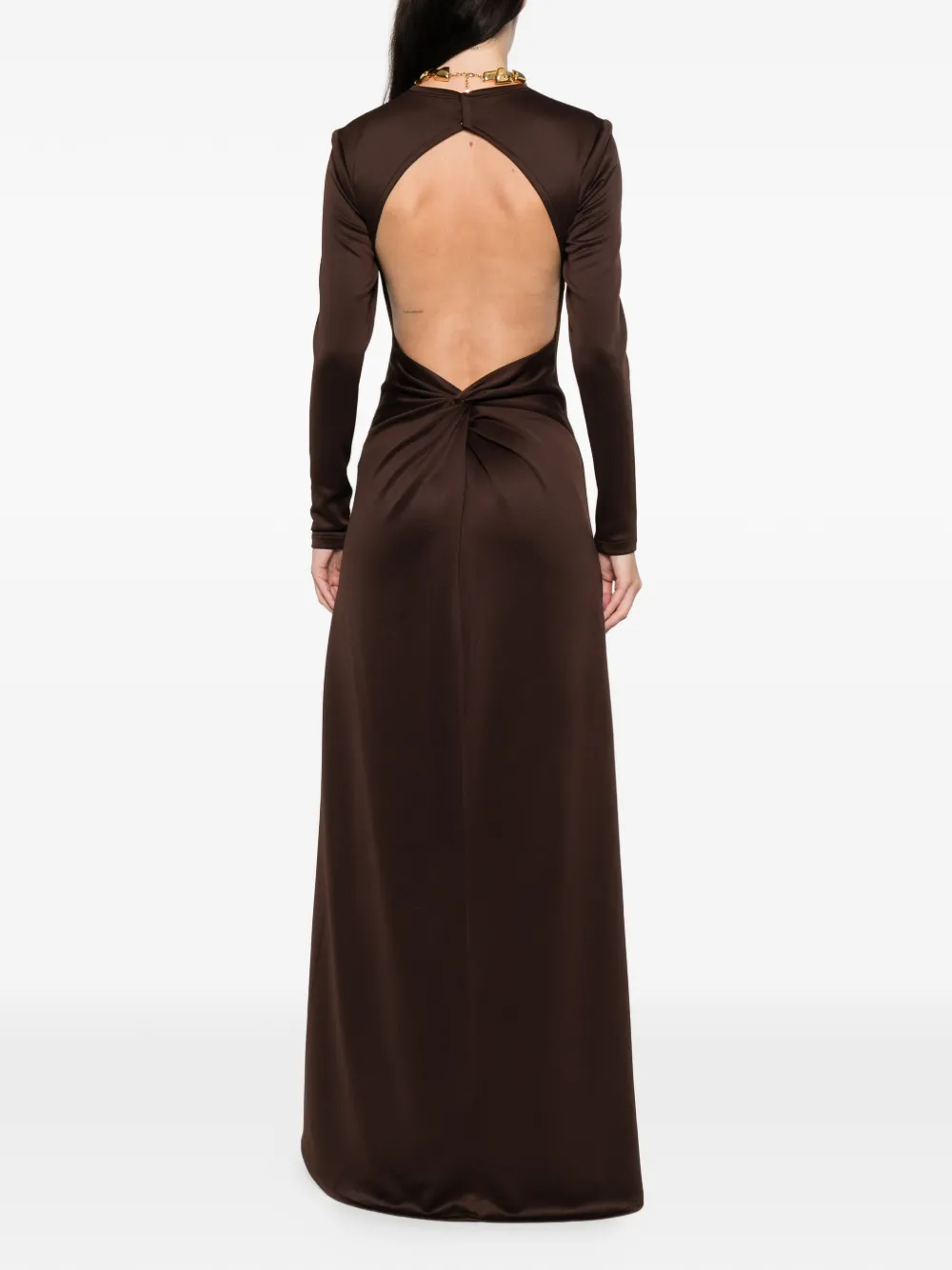 Miau By Clara Rotescu Long-sleeve Front-slit Dress In Brown