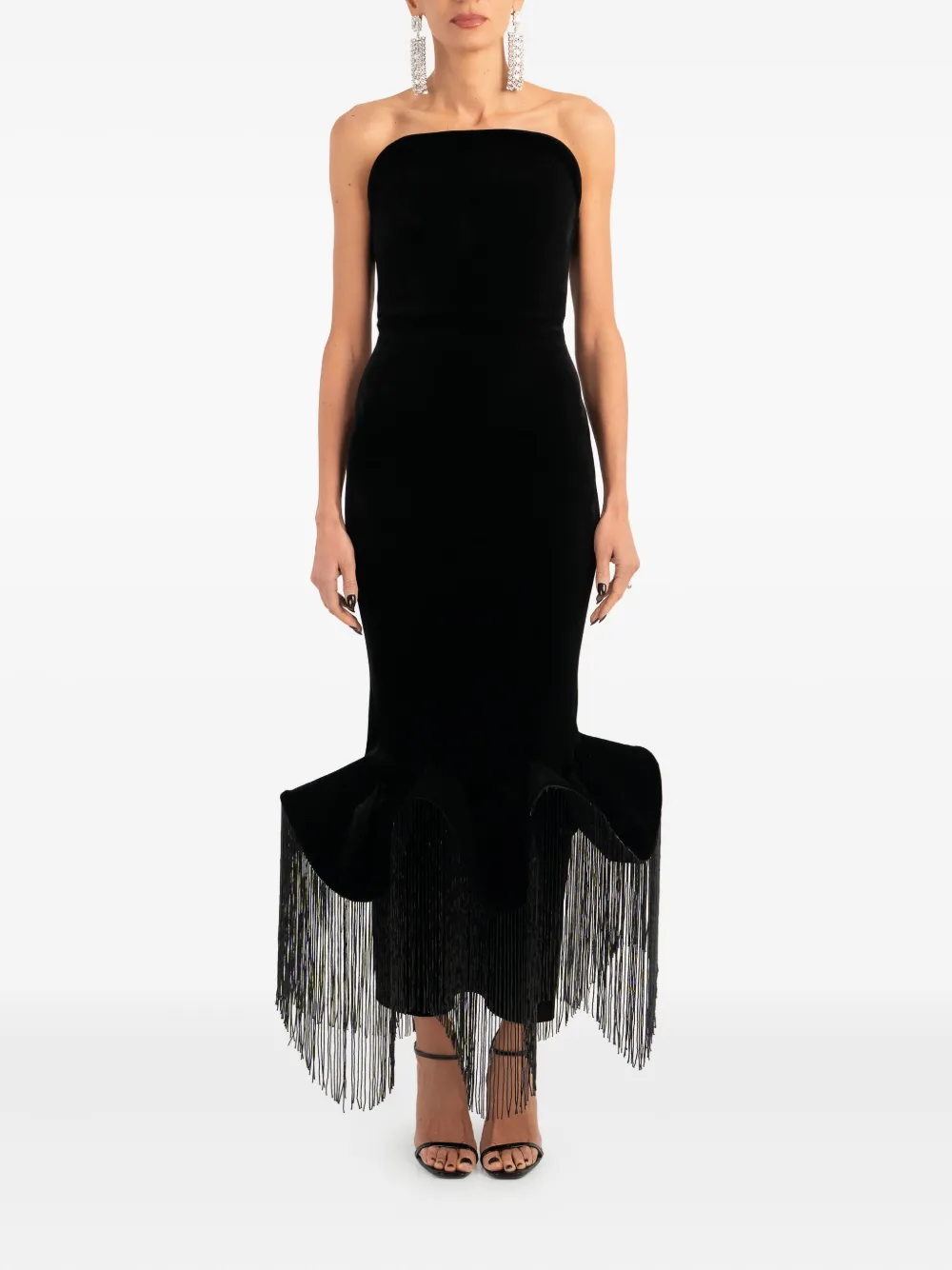 Ana Radu fringed-hem strapless midi dress - Zwart
