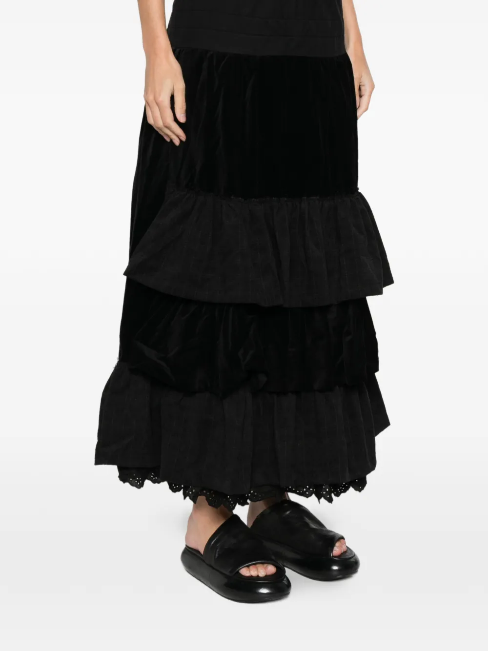 Open Yy Rolled Waist Tiered Midi Skirt In Black