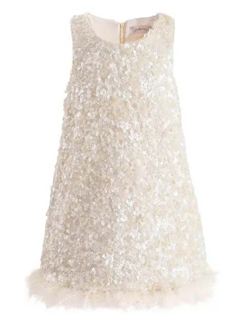 Tulleen sequin-embellishment feather-trim dress