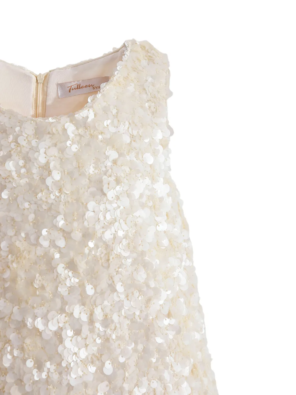 Tulleen Jurk verfraaid met pailletten en veren Beige