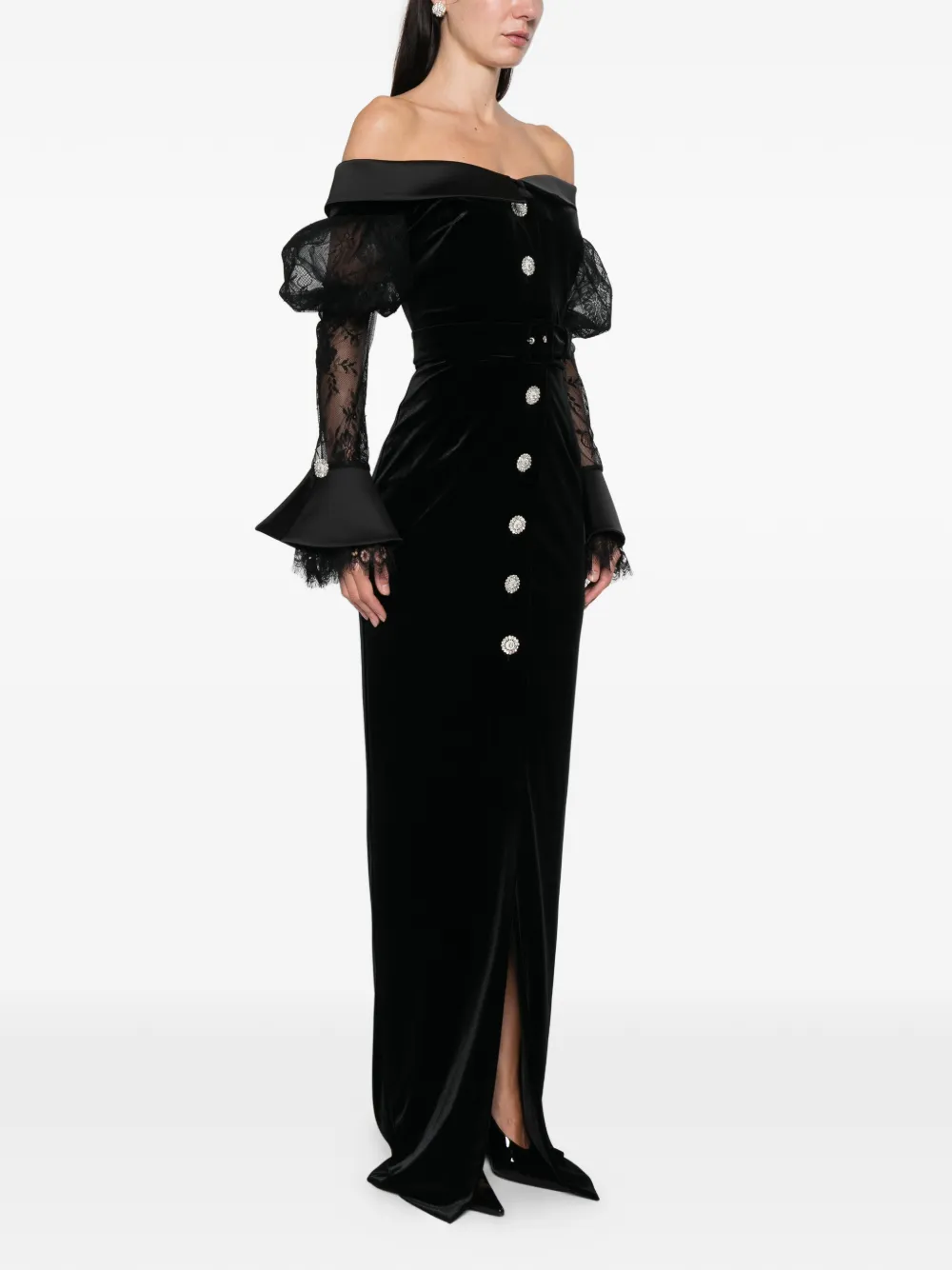 Silk Love & Lace Andrea Button Velvet Maxi Dress In Black