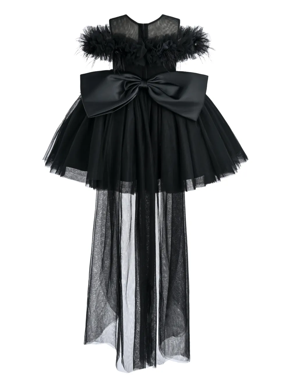 Tulleen Jurk verfraaid met veren en strikdetail Zwart