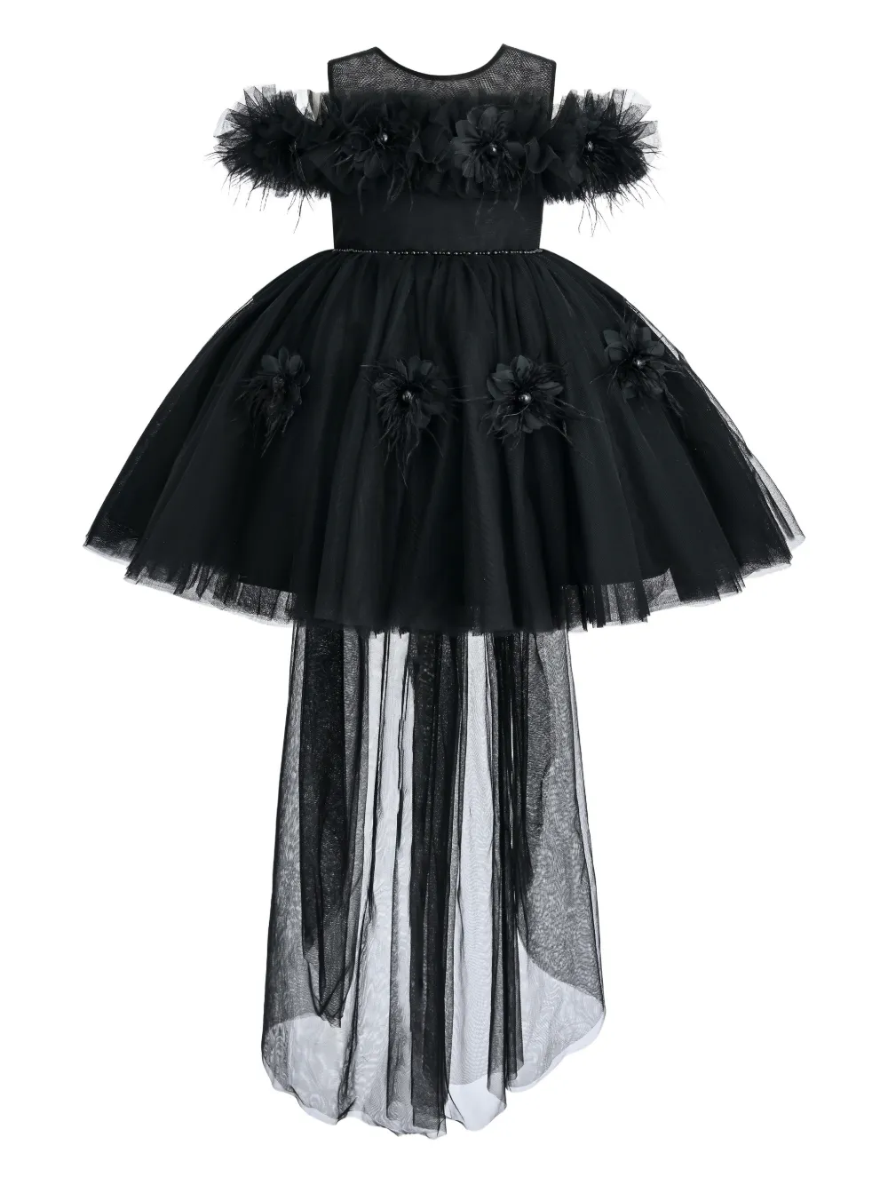 Tulleen Jurk verfraaid met veren en strikdetail Zwart