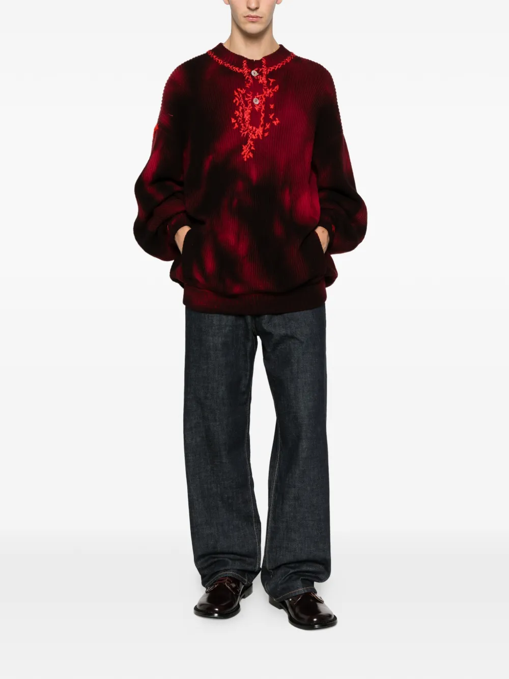 Pre-owned A.n.g.e.l.o. Vintage Upcycling Angelo Vintage Upcycling Embroidered Buttoned Sweater In Red