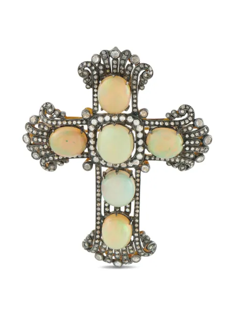 LB Exclusive 14K white gold diamond and opal cross brooch
