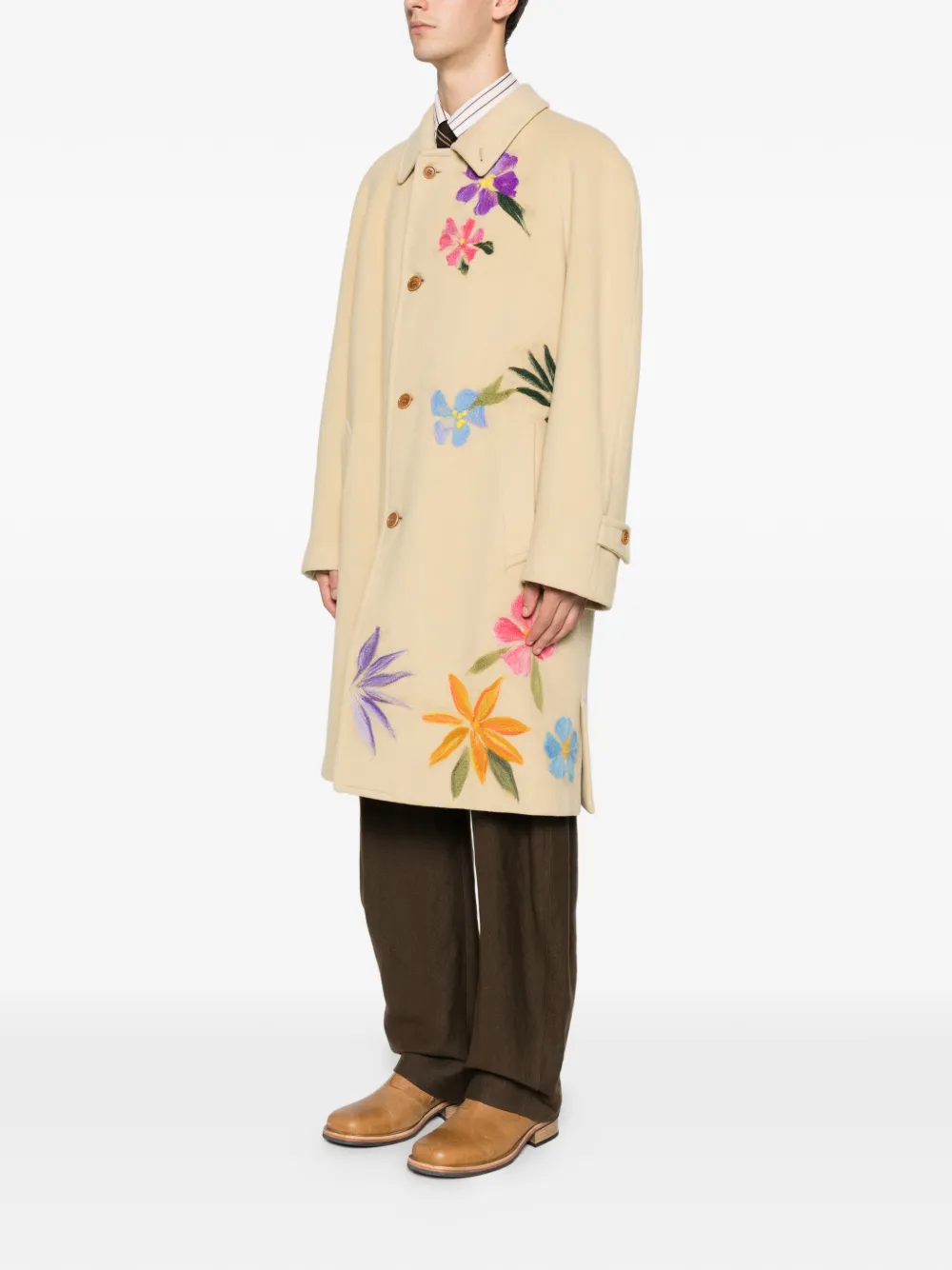 Pre-owned A.n.g.e.l.o. Vintage Upcycling Floral-details Single-breasted Coat In Neutral