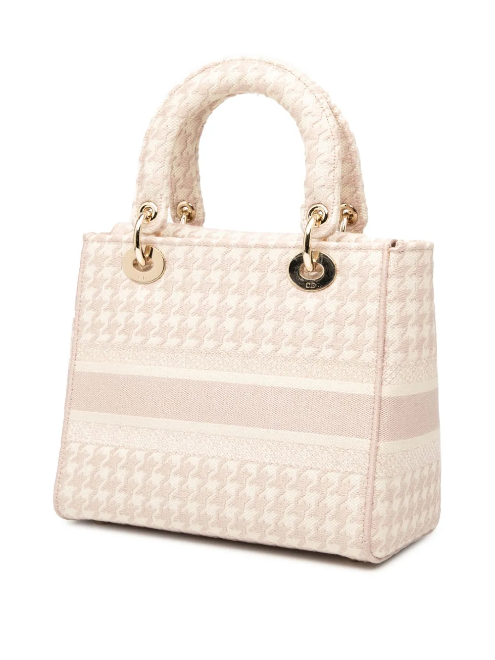 Pre-owned Dior 2021 Medium Embroidered Canvas Houndstooth Lady D Lite Satchel In Pink