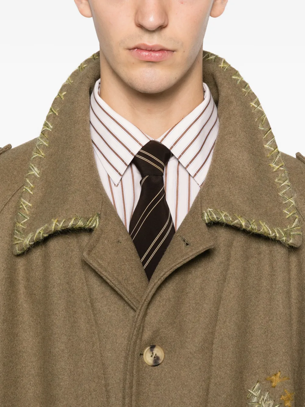 Pre-owned A.n.g.e.l.o. Vintage Upcycling Embroidered Belted-waist Coat In Brown