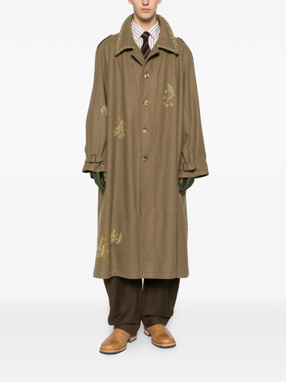 Pre-owned A.n.g.e.l.o. Vintage Upcycling Embroidered Belted-waist Coat In Brown