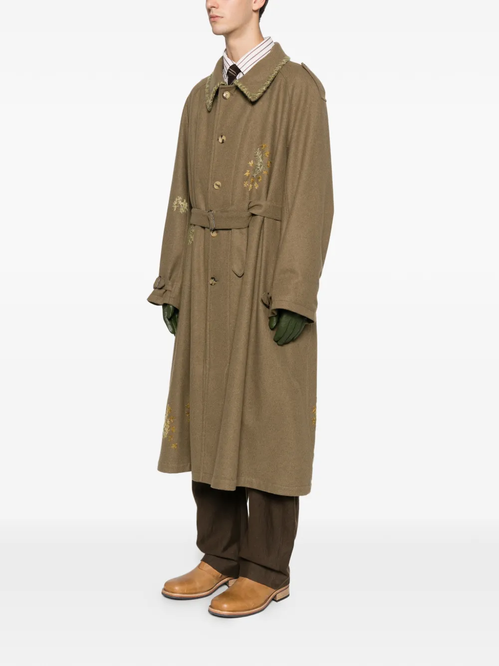 Pre-owned A.n.g.e.l.o. Vintage Upcycling Embroidered Belted-waist Coat In Brown