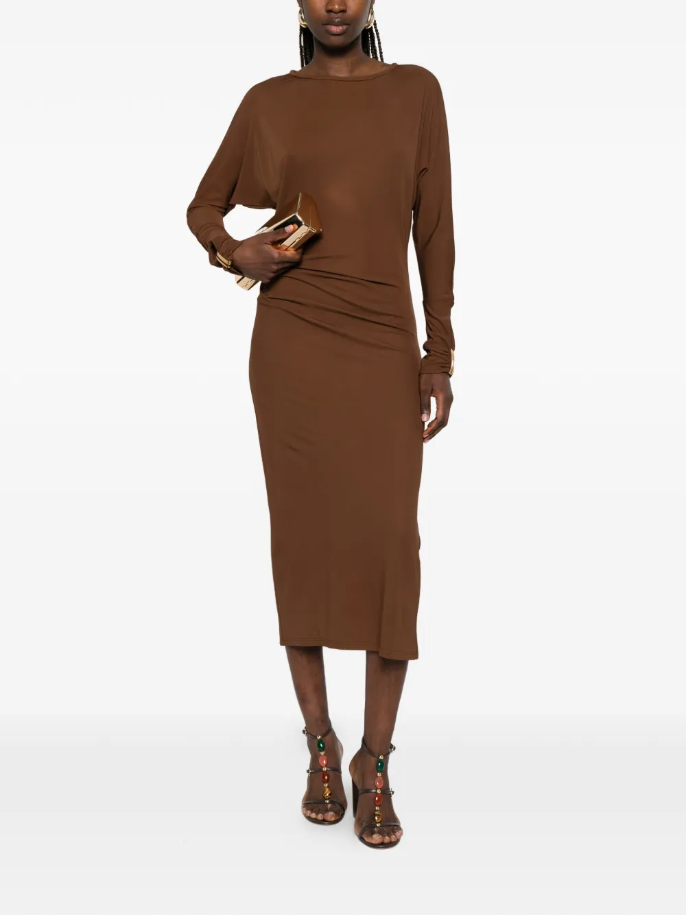 Max Mara Jurk met ruches en boothals Bruin