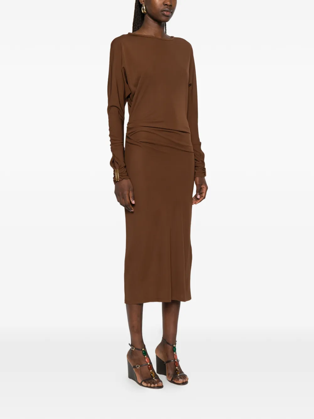 Max Mara Jurk met ruches en boothals Bruin