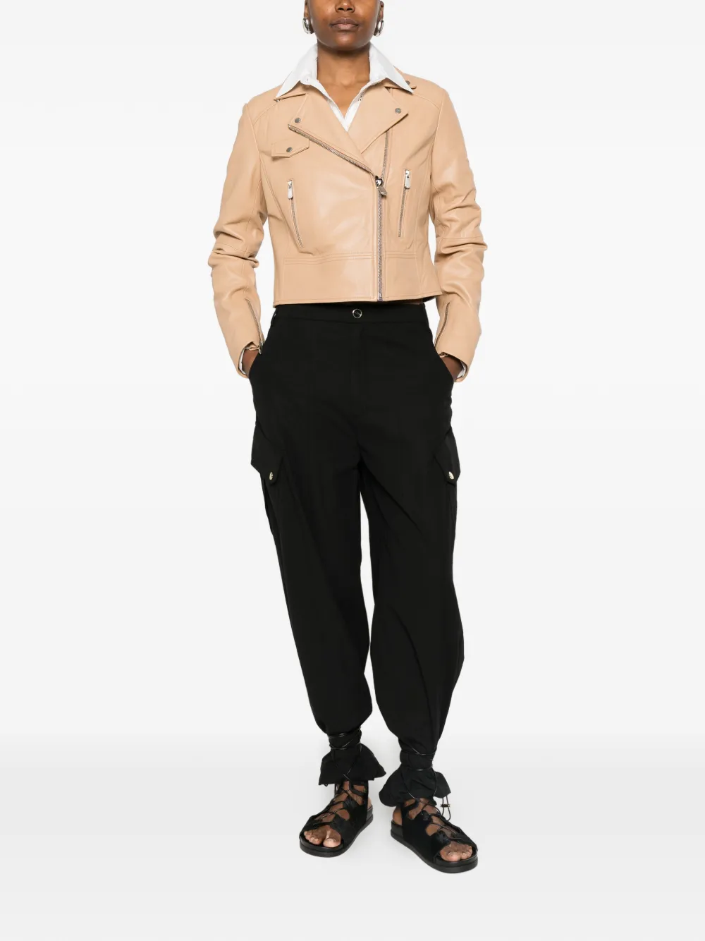  Pinko New Sensible Zip-up Leather Jacket - Neutrals 