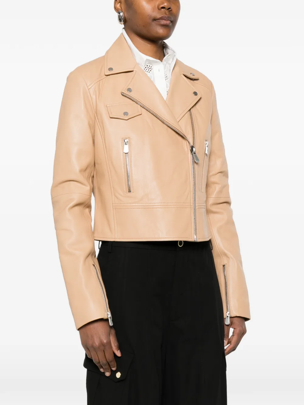  Pinko New Sensible Zip-up Leather Jacket - Neutrals 