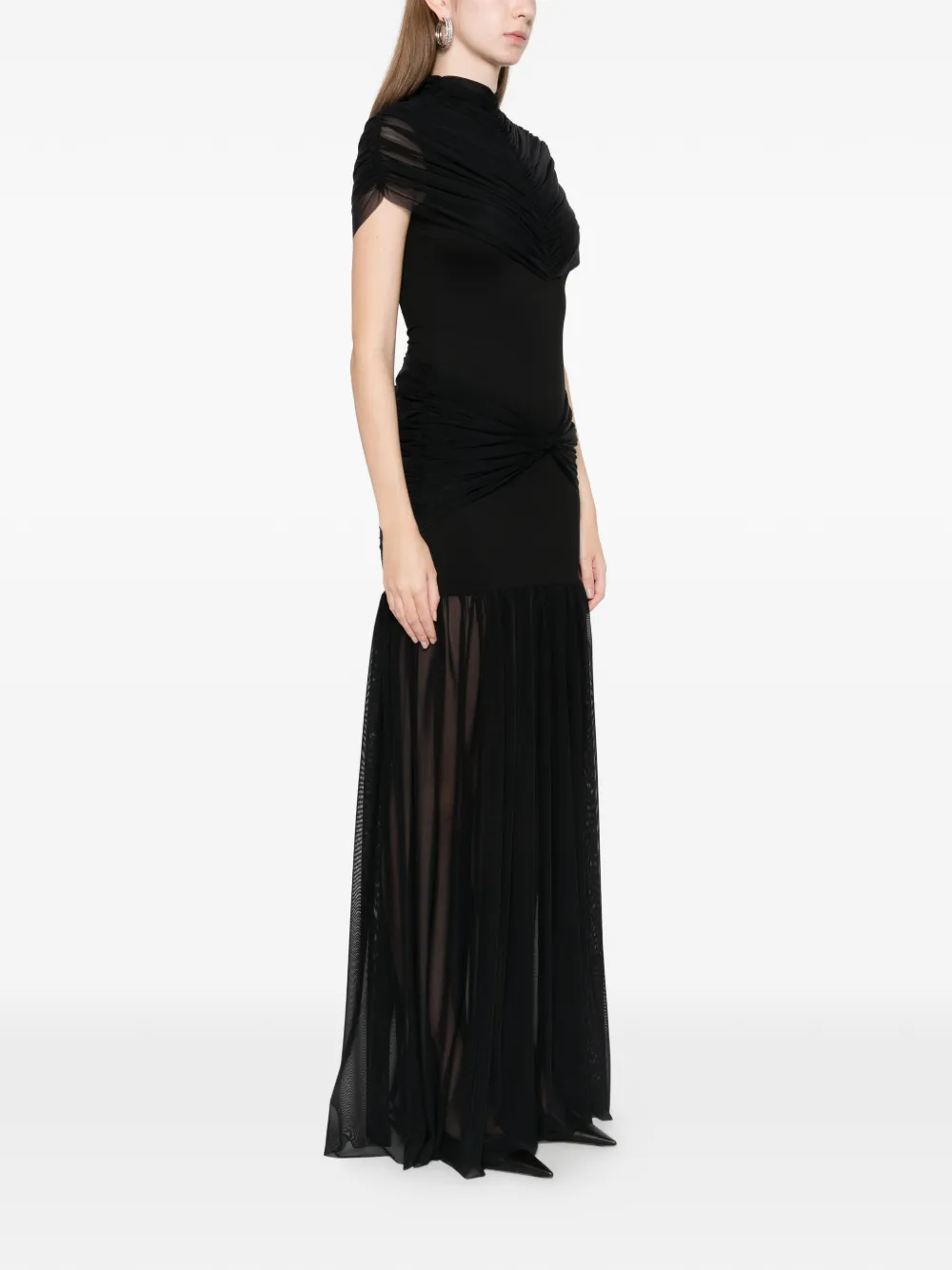 Axel 113 Gace Ruched Mesh Maxi Dress In Black