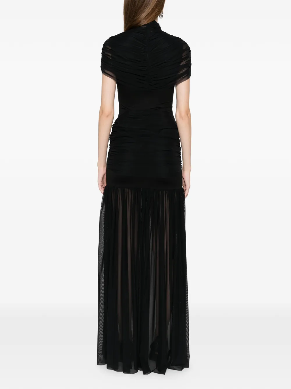 Axel 113 Gace Ruched Mesh Maxi Dress In Black