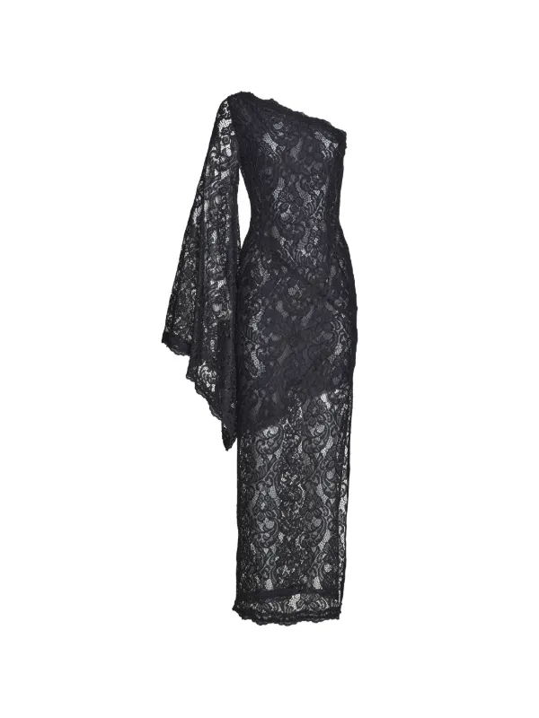 one shoulder long sleeve black lace dress Long Sleeve One Shoulder Mini Bodycon Dress In Black Textured Lace | EGO US
