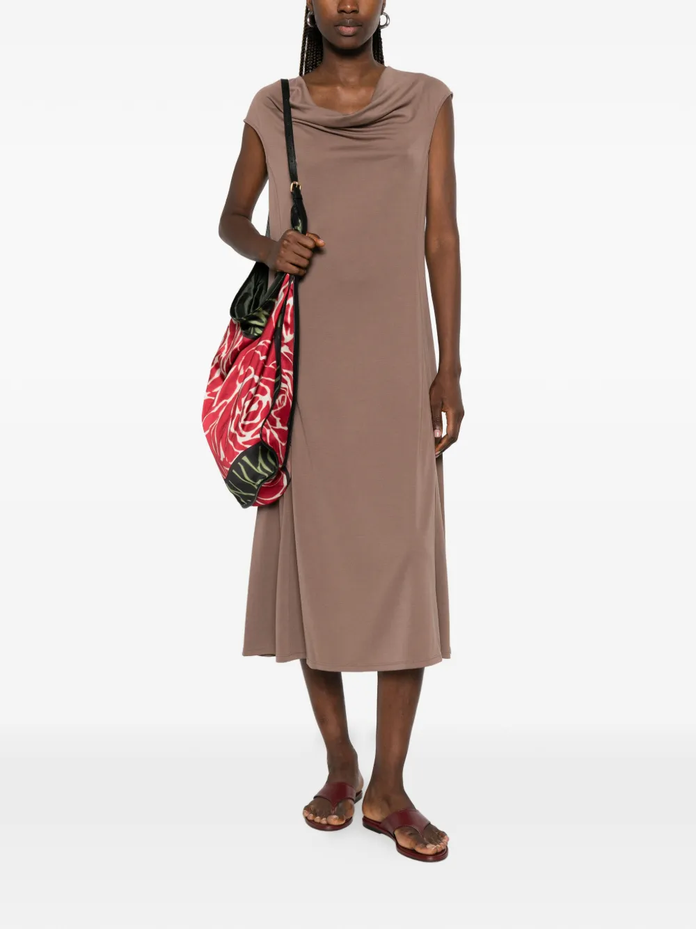 Max Mara Midi-jurk met kapmouwen en gedrapeerde hals Bruin