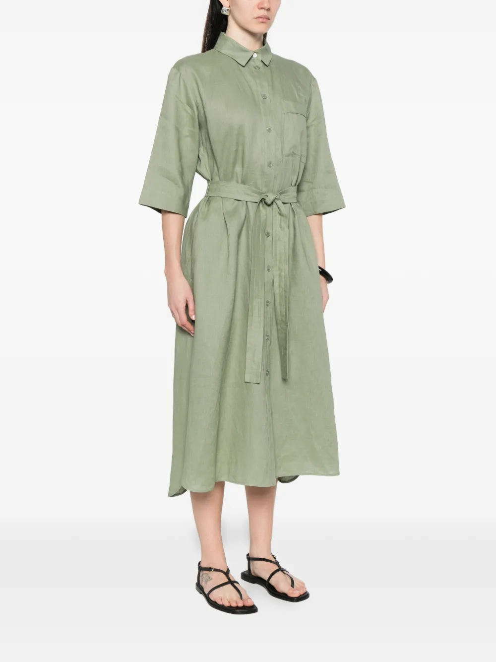  Max Mara Button Belt Linen Midi Dress - Green 