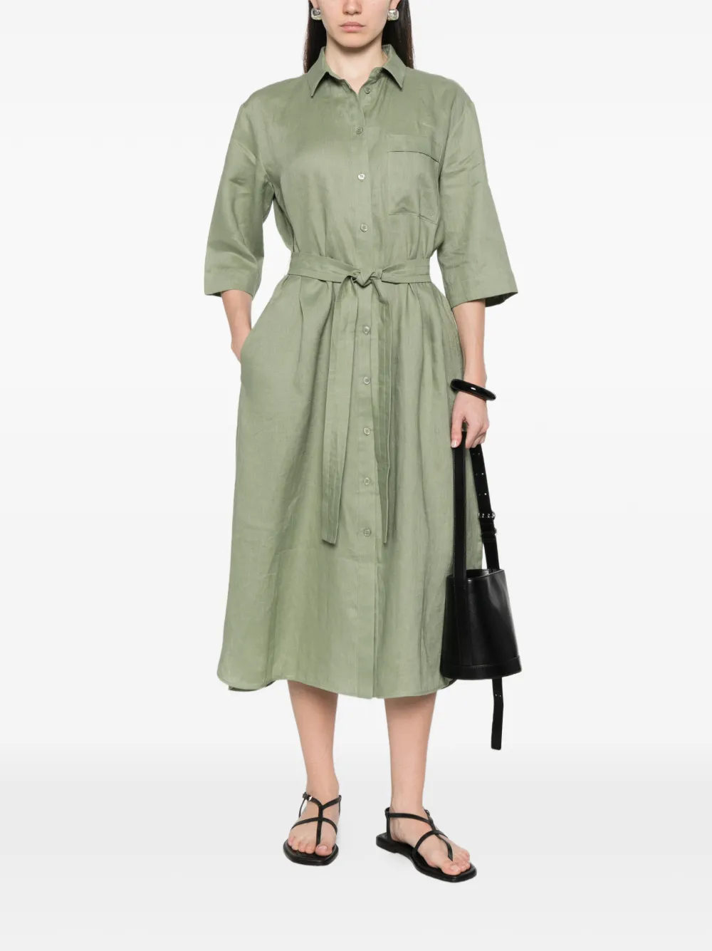  Max Mara Button Belt Linen Midi Dress - Green 