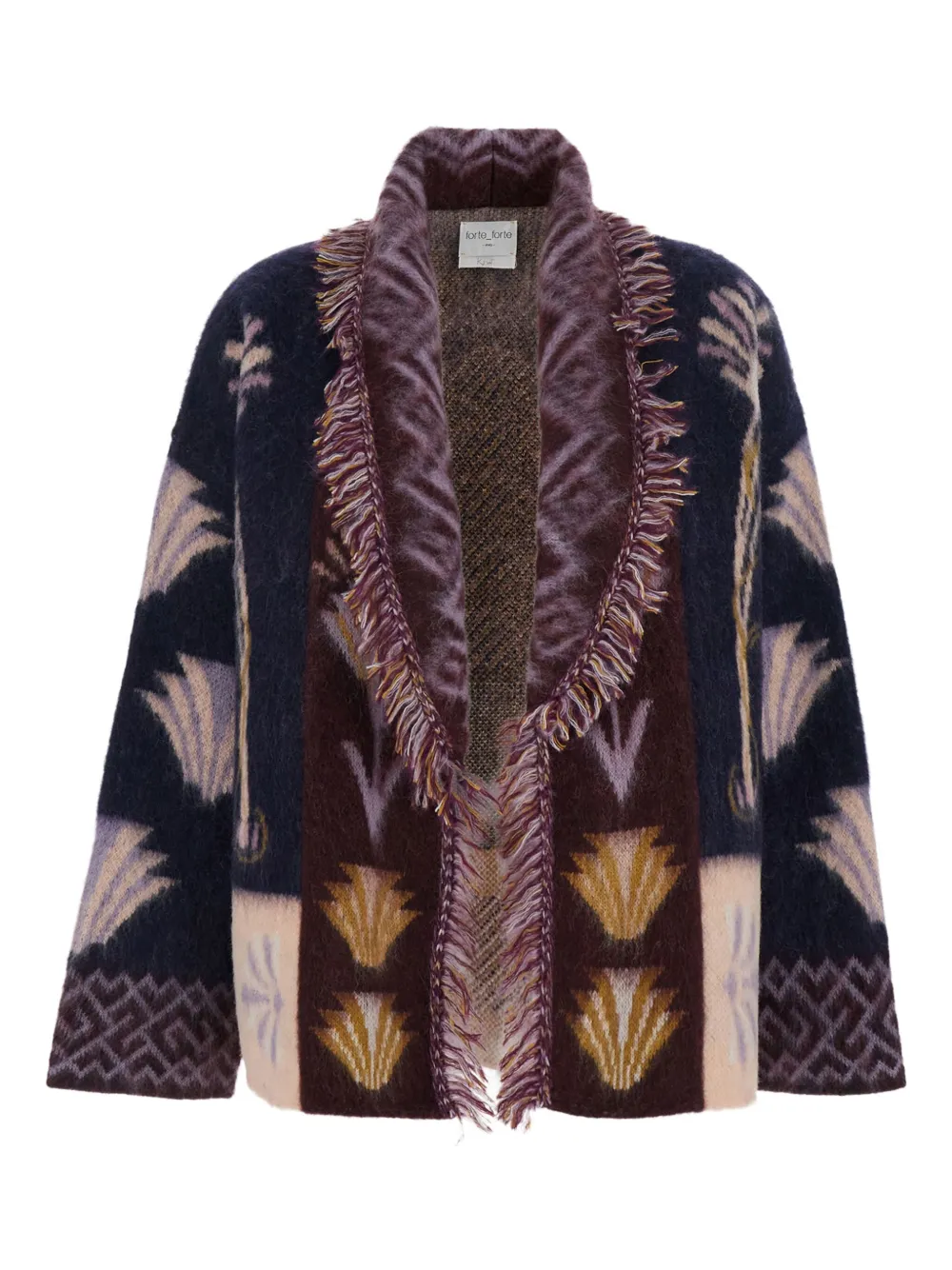 Forte Forte Fringed-trim Geometric-pattern Cardigan In Blue