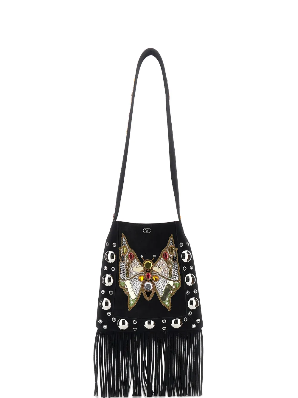 Valentino Garavani eyelet-embelishment fringed-hem shoulder bag - Nero