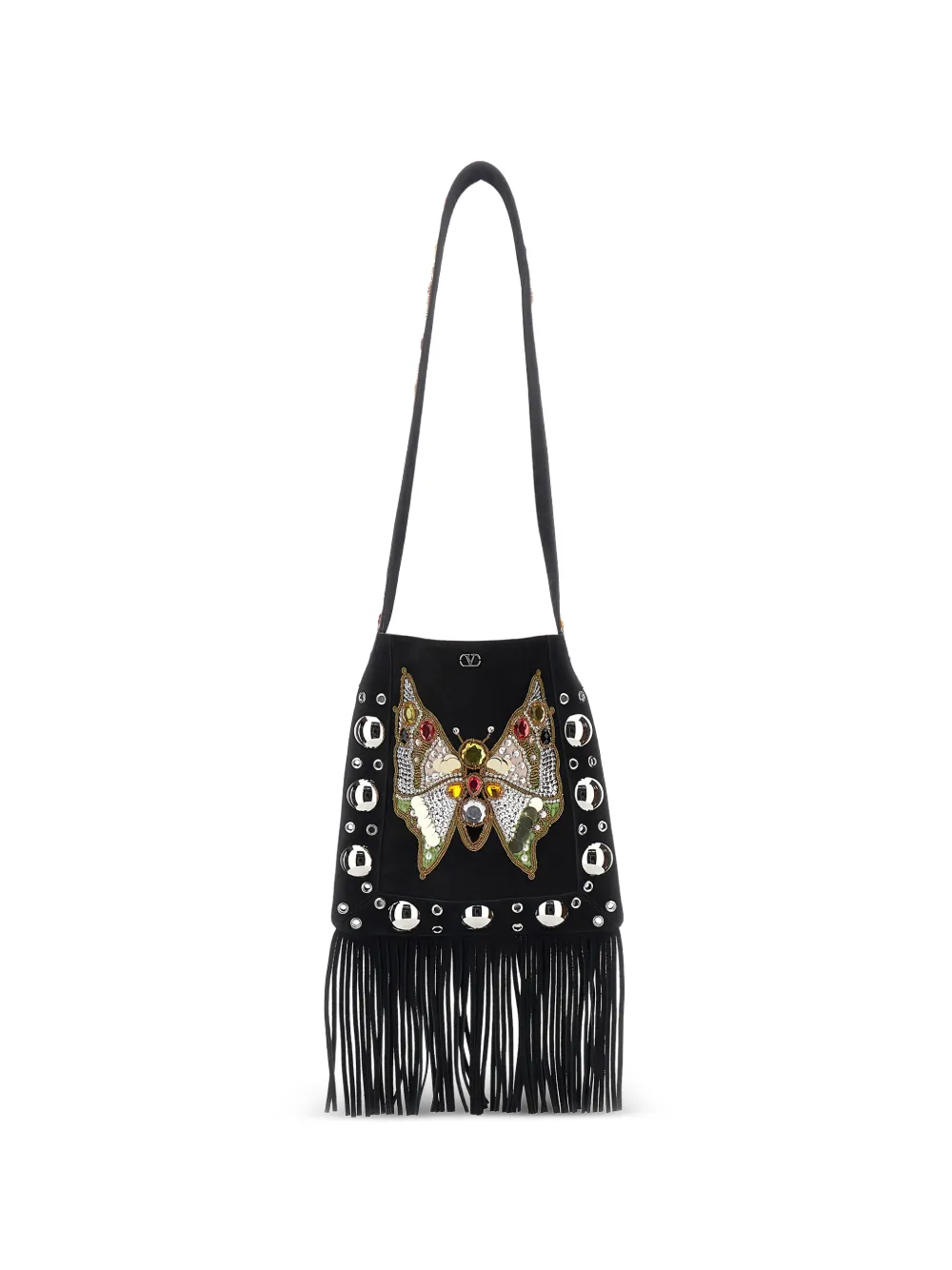 Valentino Garavani eyelet-embelishment fringed-hem shoulder bag - Nero