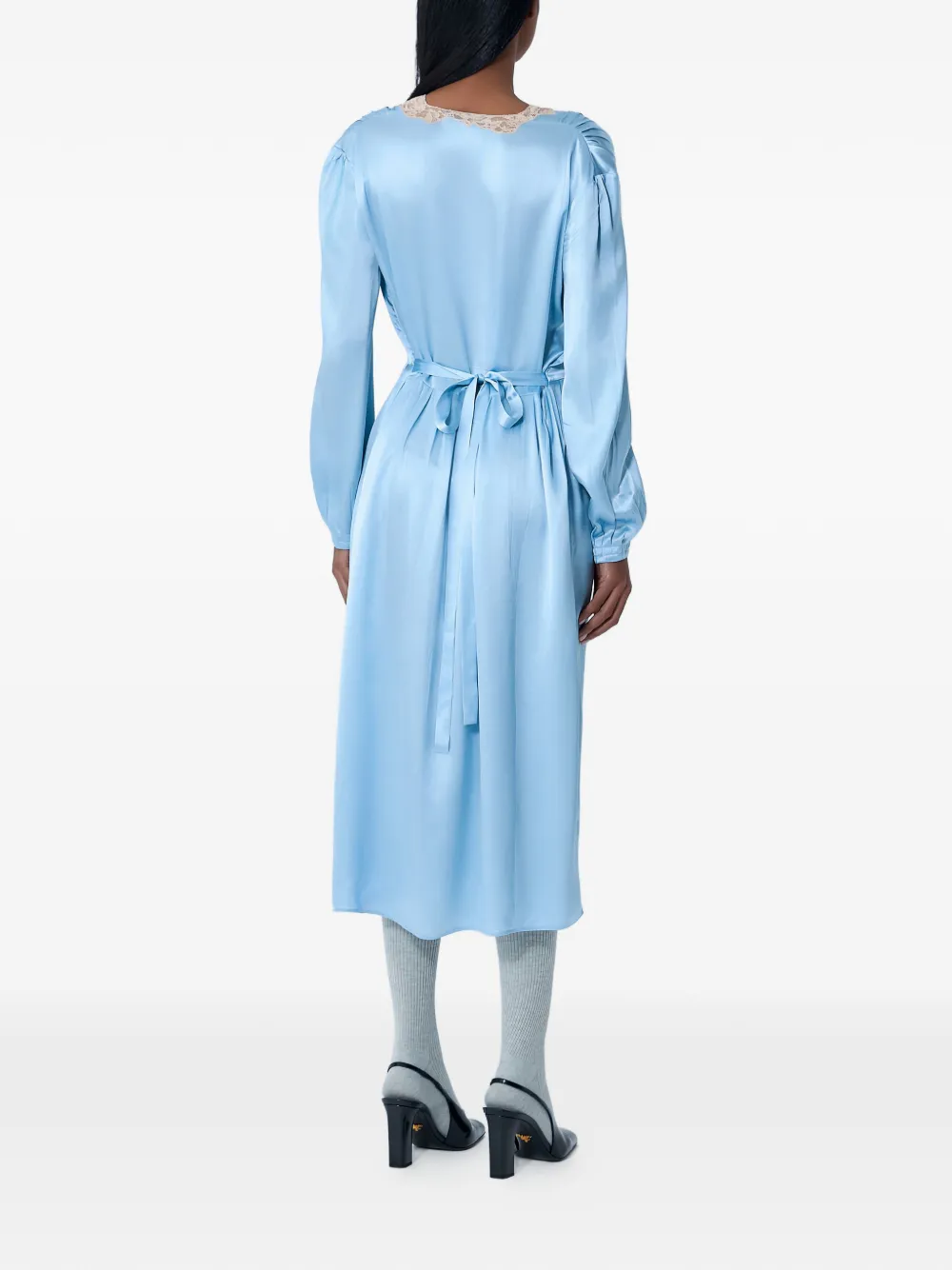 Prada Kanten satijnen midi-jurk met V-hals Blauw