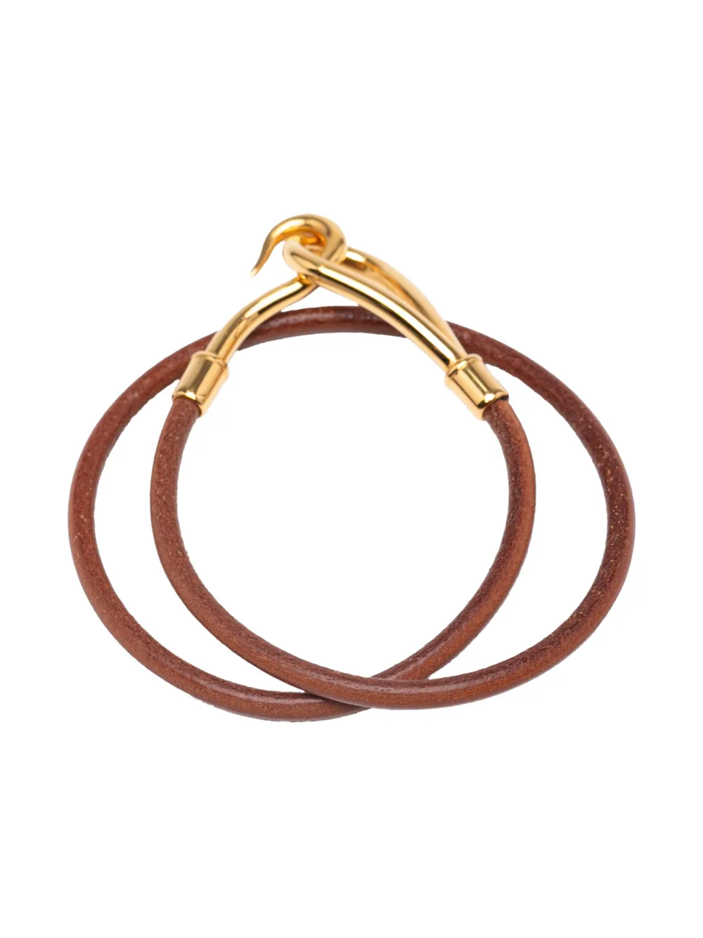 Pre-owned Hermes 2000-2020 Leather And Gold Plated Jumbo Hook Double Tour Bracelet Costume Bracelet In Brown