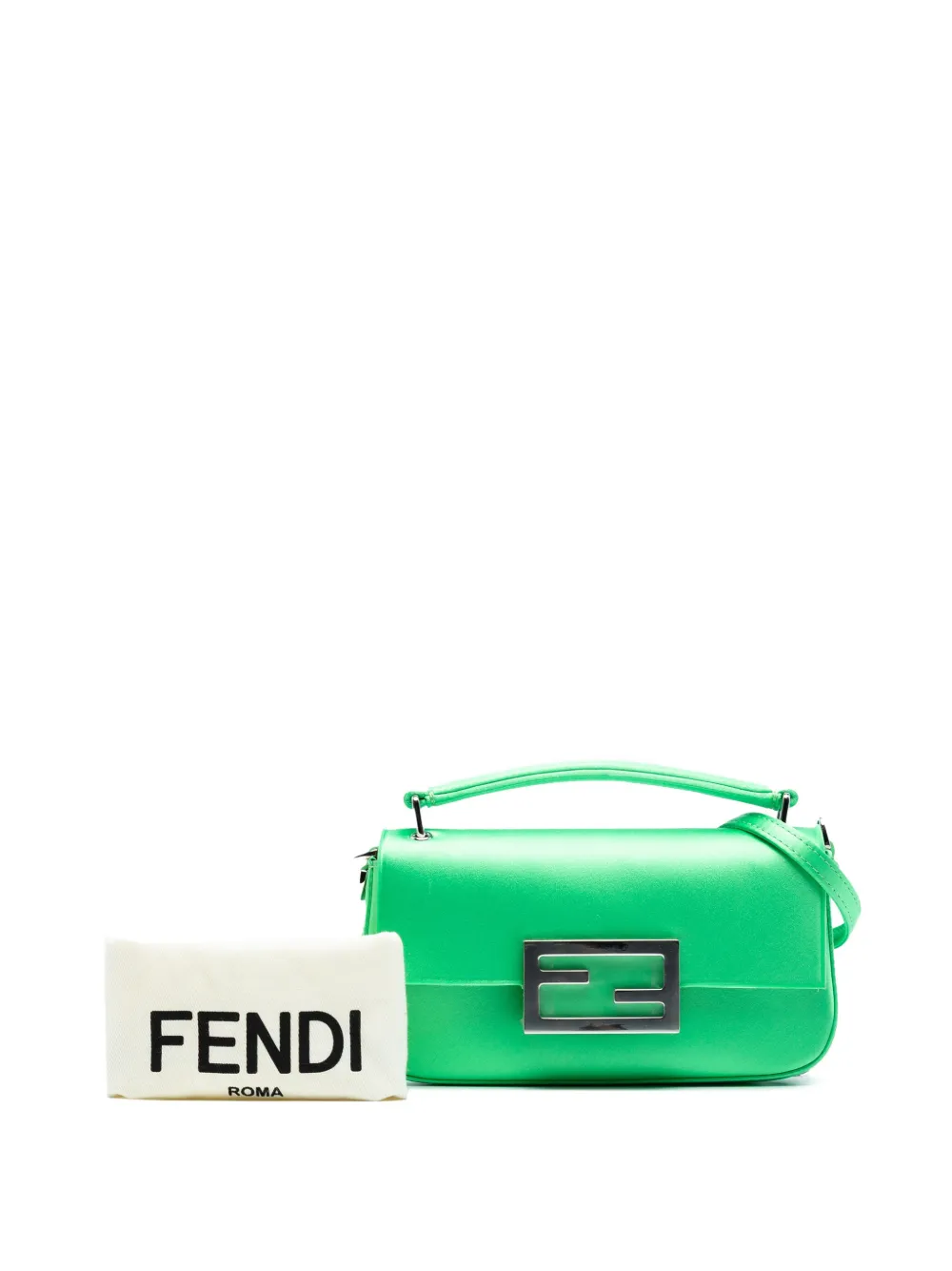 Pre-owned Fendi 2021-2025 Silk Baguette Phone Pouch Satchel In Green