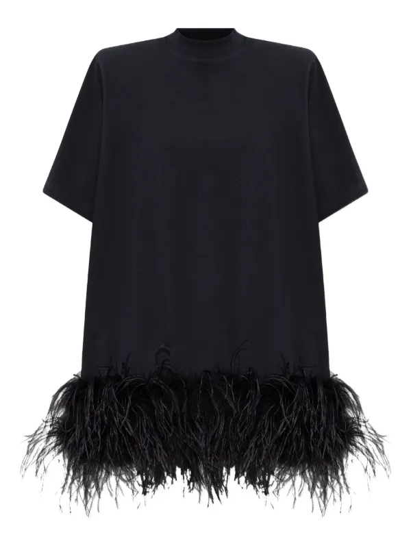 black feather trim mini dress Mandarin Feather Trim Mini Dress-black
