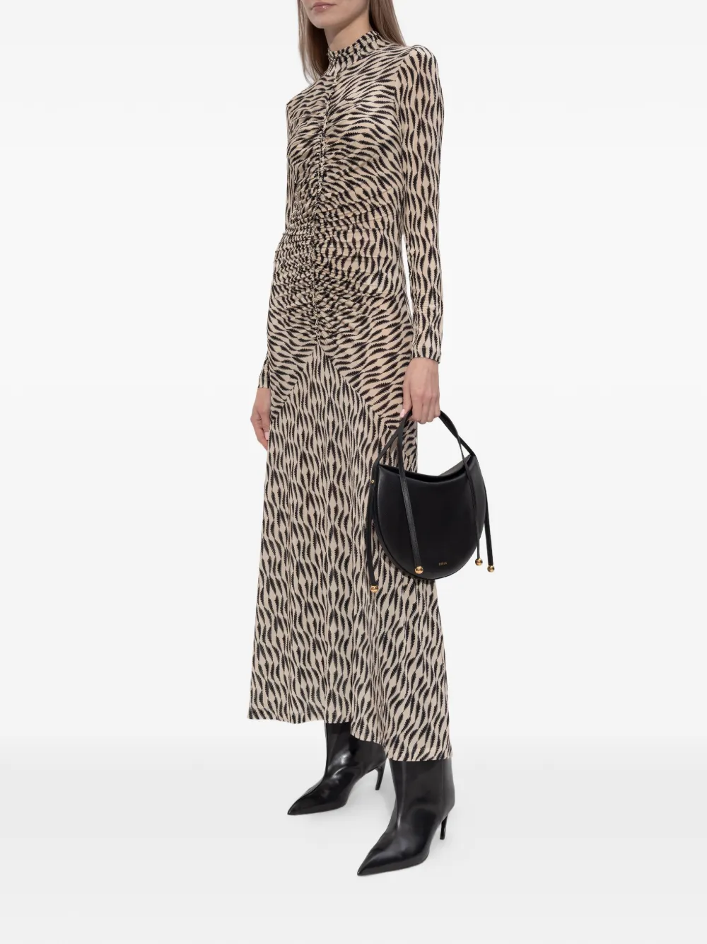 Ulla Johnson Ida Ruffled Gathered Printed Stretch-jersey Turtleneck Midi Dress In Neutral