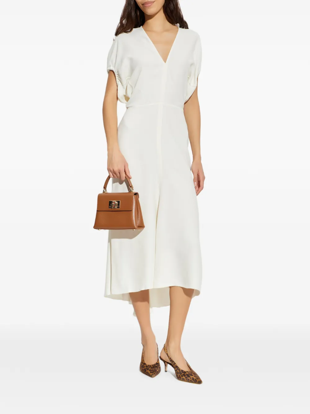 Victoria Beckham gathered short-sleeves midi dress - Beige