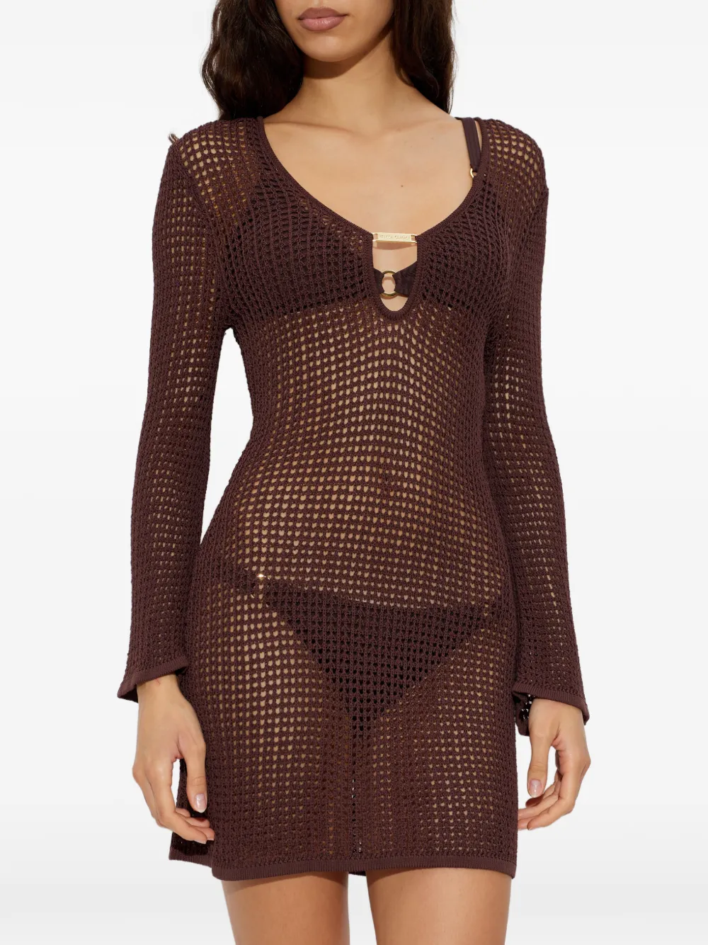 Melissa Odabash Ellis Long-sleeve Cut-out Mini Dress In Brown