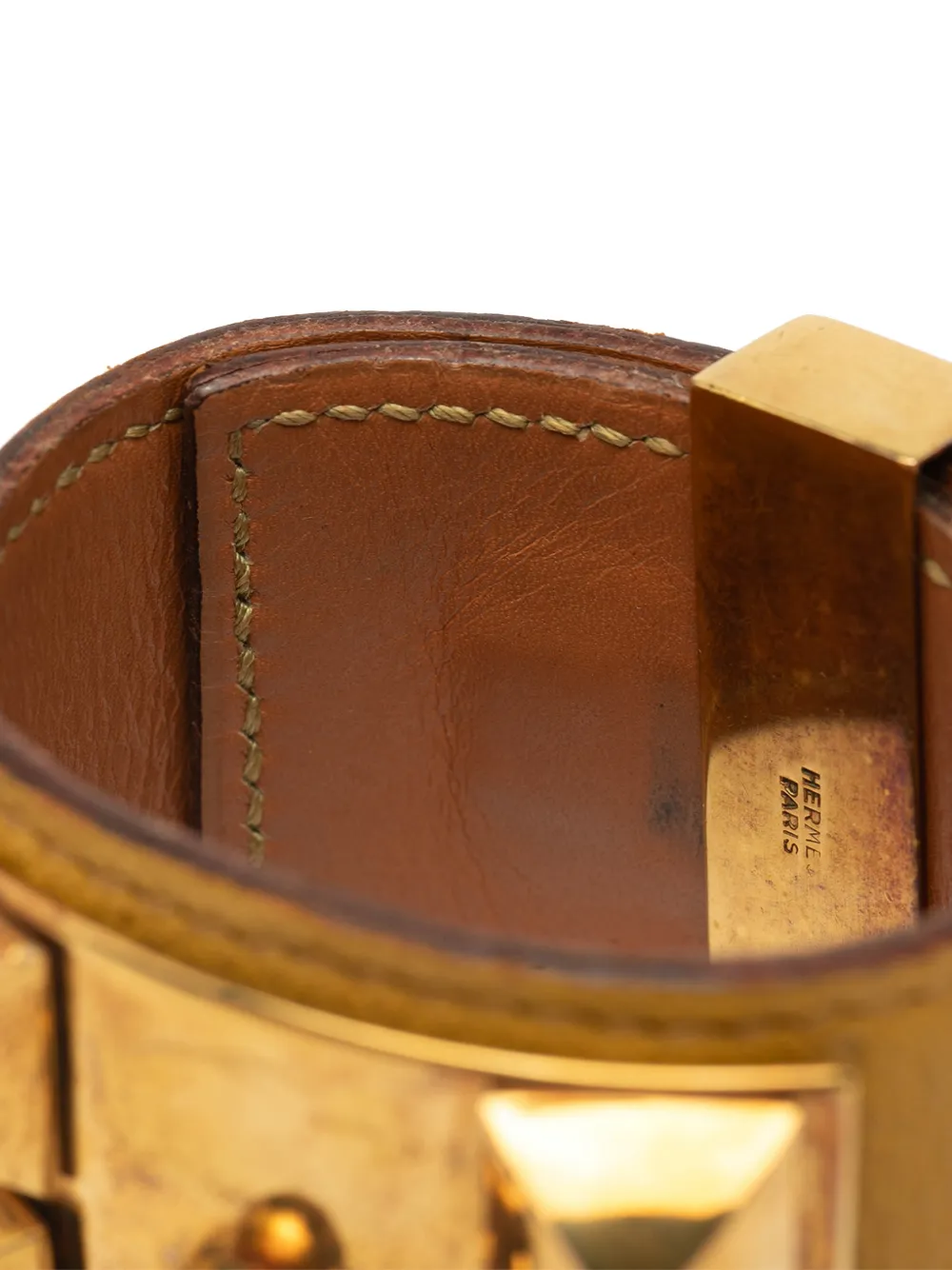 HERMES Pre-owned 2000-2025 Leather And Gold Plated Collier De Chien Bracelet T3 Costume Bracelet In Brown