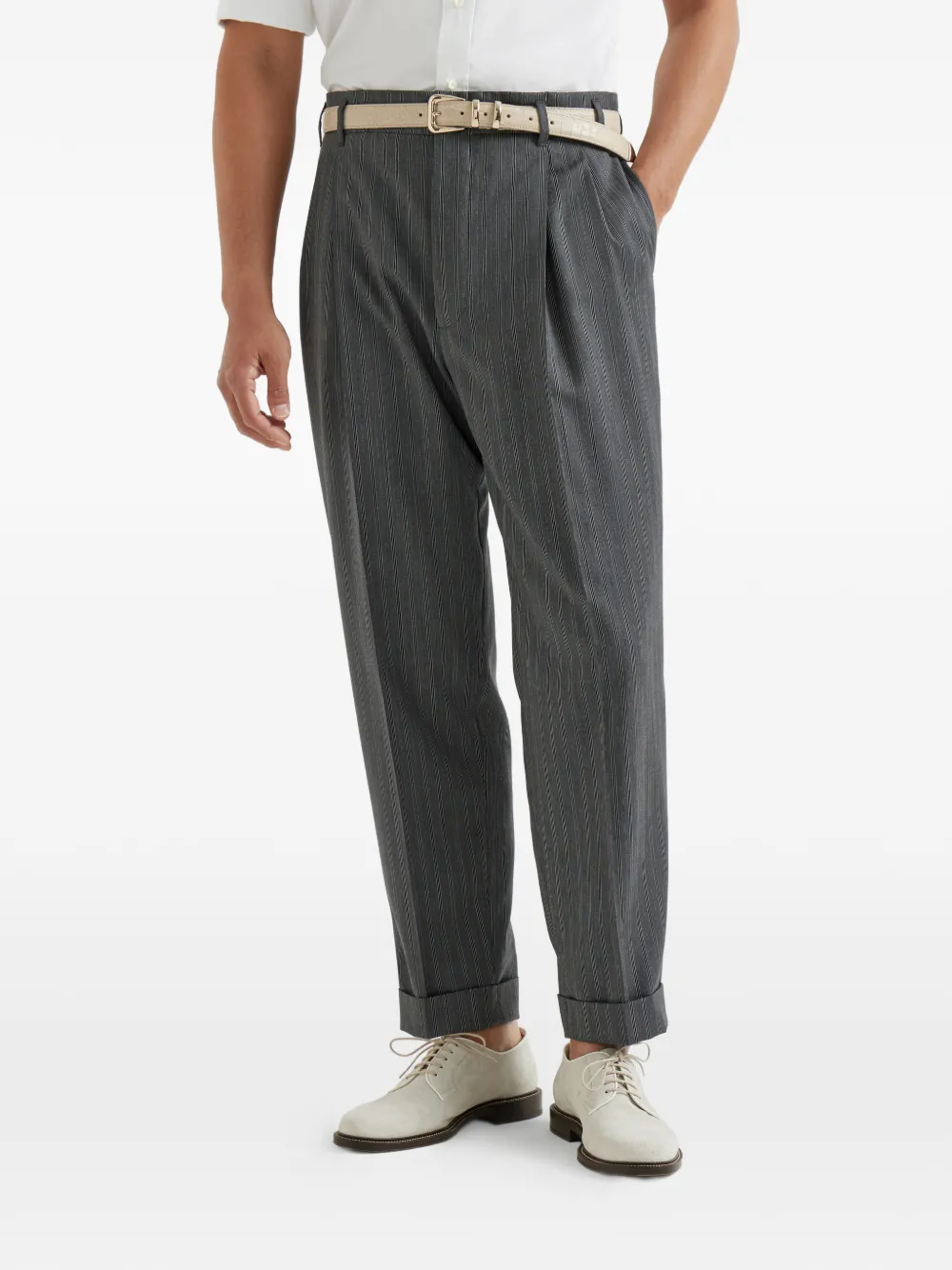 Striped-Pattern Double-Pleats Trousers