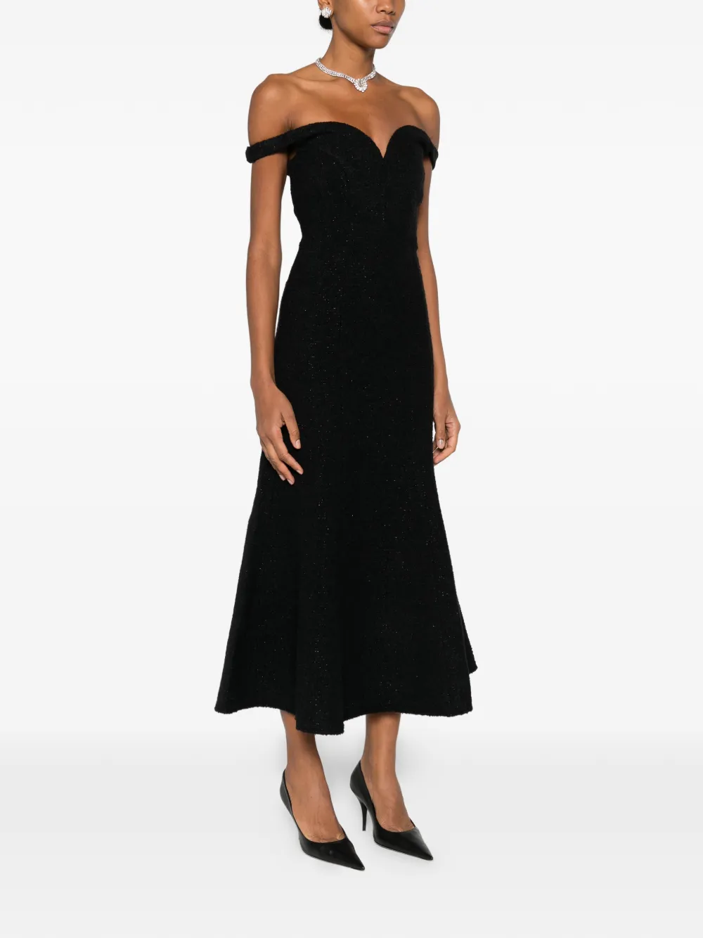 Off-Shoulder Boucle Midi Dress