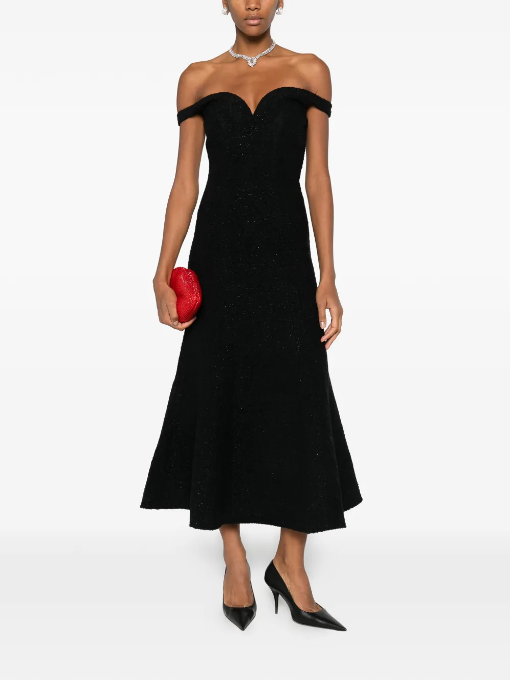 Self-Portrait off-shoulder boucle midi dress - Zwart